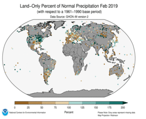 February 2019 Land-Only Precipitation Percent of Normal