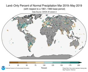 March - May 2019 Land-Only Precipitation Percent of Normal