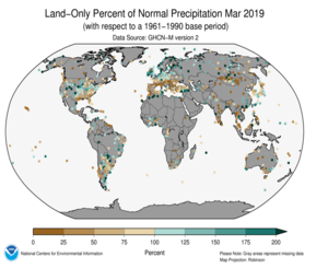 March 2019 Land-Only Precipitation Percent of Normal