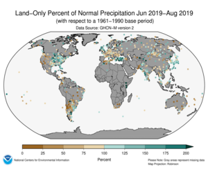 June-August 2019 Land-Only Precipitation Percent of Normal