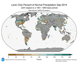 September 2019 Land-Only Precipitation Percent of Normal