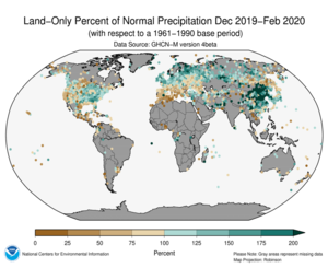 December-February 2020 Land-Only Precipitation Percent of Normal