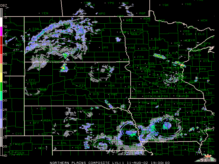 Click Here for a radar animation depicting thunderstorms across the Northern Plains on August 11, 2002