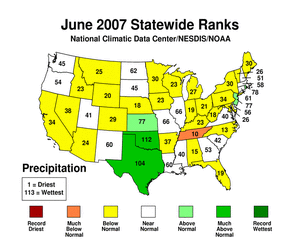 Map showing June 2007 statewide precipitation ranks