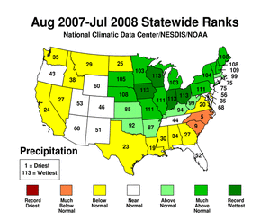 Map of Aug 2007-July 2008 Statewide Precipitation Ranks