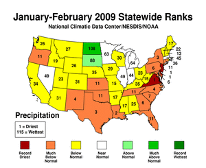 January-February 2009 statewide precipitation ranks