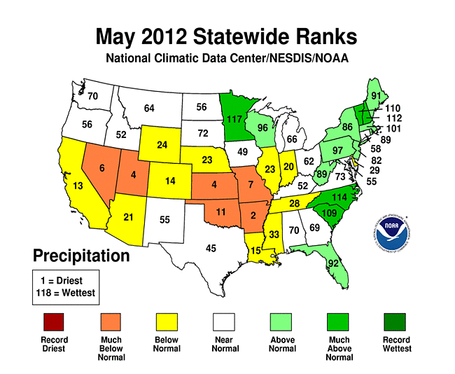 May 2012 Statewide Precipitation Ranks Map