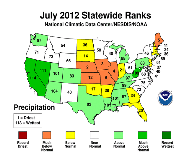 July 2012 Statewide Precipitation Ranks Map