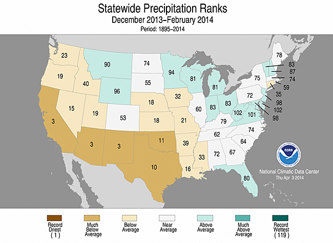 Winter 2014 Statewide Precipitation Ranks Map