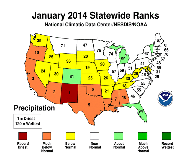 January 2014 Statewide Precipitation Ranks Map