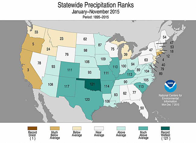 Jan-November 2015 Statewide Precipitation Ranks Map