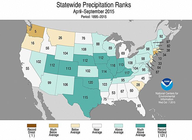 Jun-September 2015 Statewide Precipitation Ranks Map