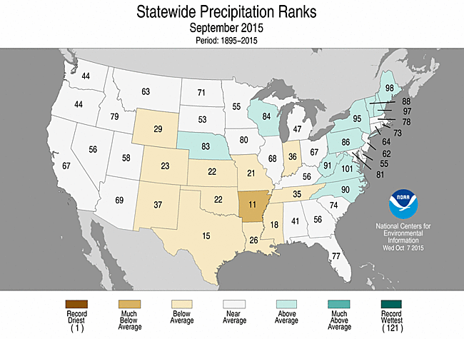 September 2015 Statewide Precipitation Ranks Map