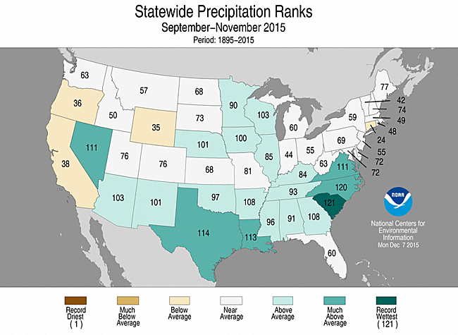 Sep-November 2015 Statewide Precipitation Ranks Map