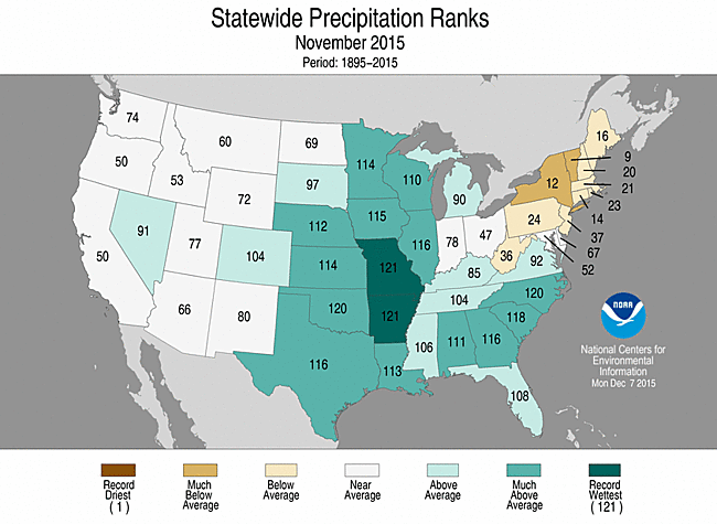 November 2015 Statewide Precipitation Ranks Map