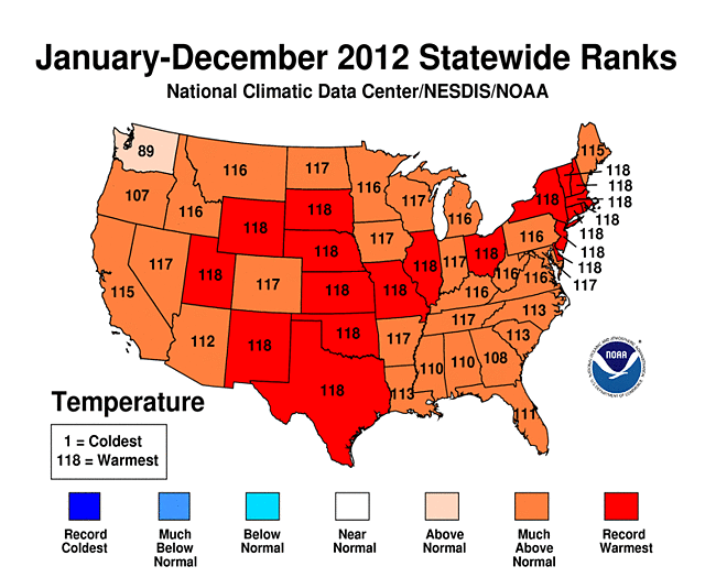2012 Statewide Temperature Ranks Map