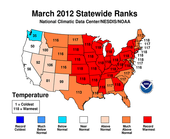 March 2012 Statewide Temperature Ranks Map