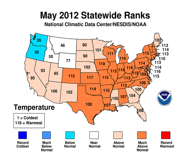 May 2012 Statewide Temperature Ranks Map