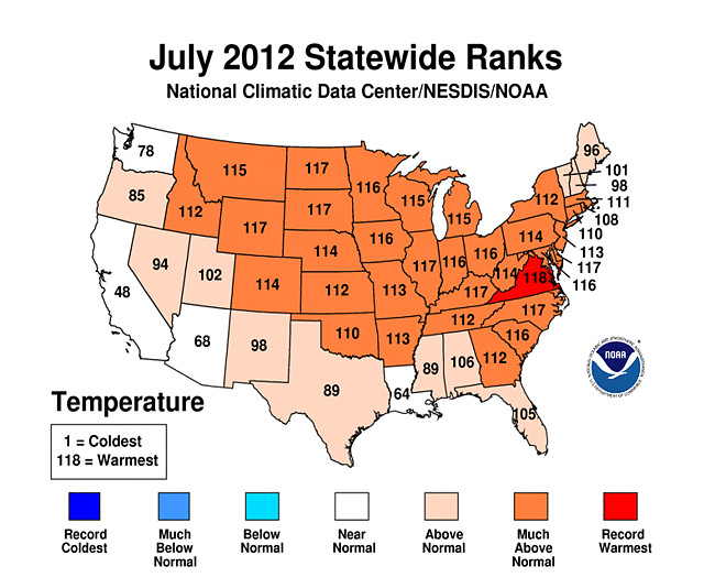 July 2012 Statewide Temperature Ranks Map