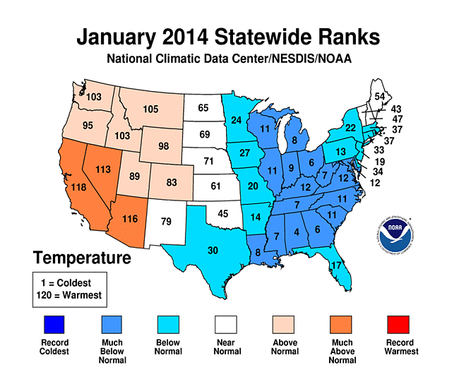 January 2014 Statewide Temperature Ranks Map