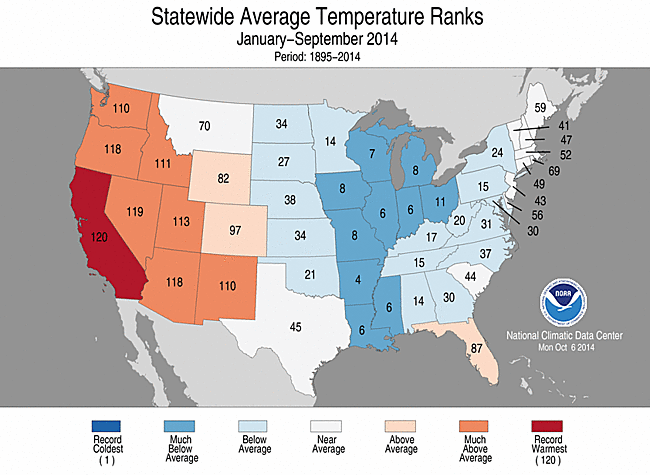 Year-to-date 2014 Statewide Temperature Ranks Map