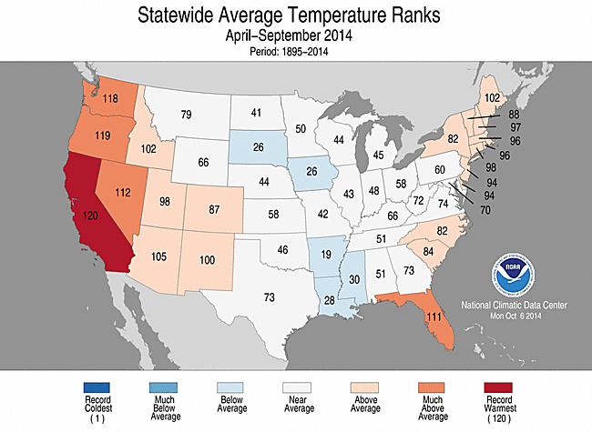 Warm Season 2014 Statewide Temperature Ranks Map