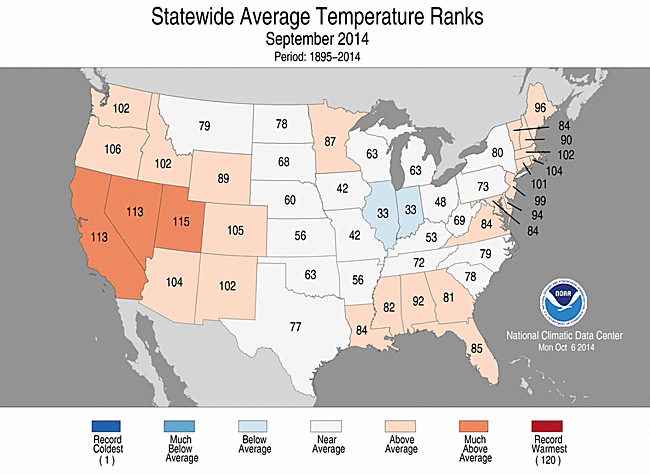 September 2014 Statewide Temperature Ranks Map