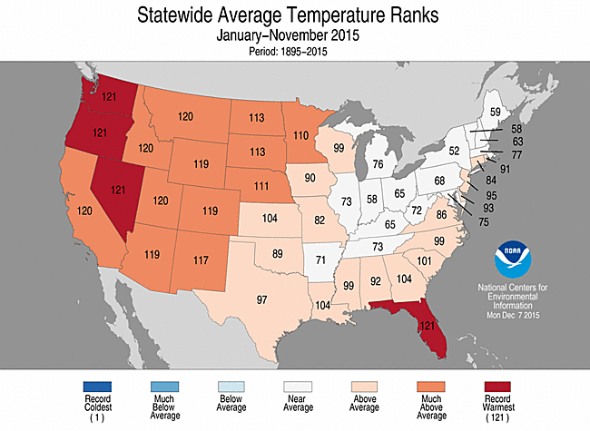 Jan-November 2015 Statewide Temperature Ranks Map