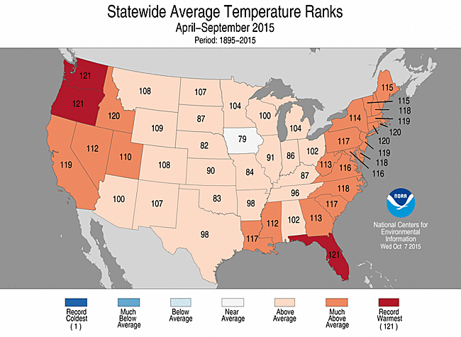 Jun-September 2015 Statewide Temperature Ranks Map