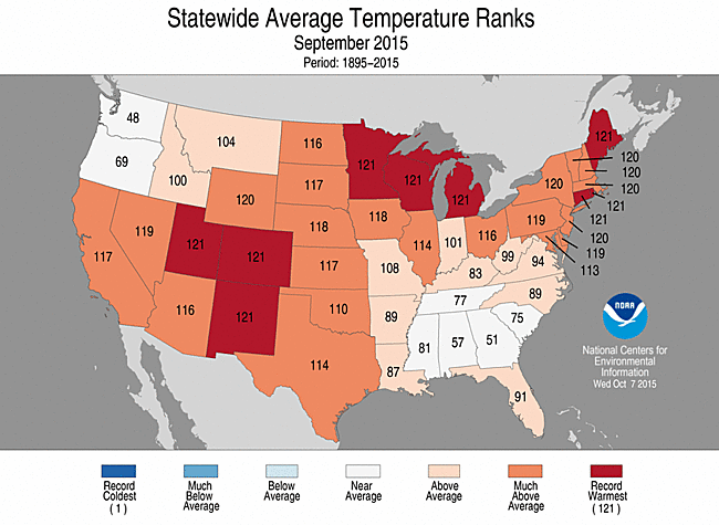 September 2015 Statewide Temperature Ranks Map