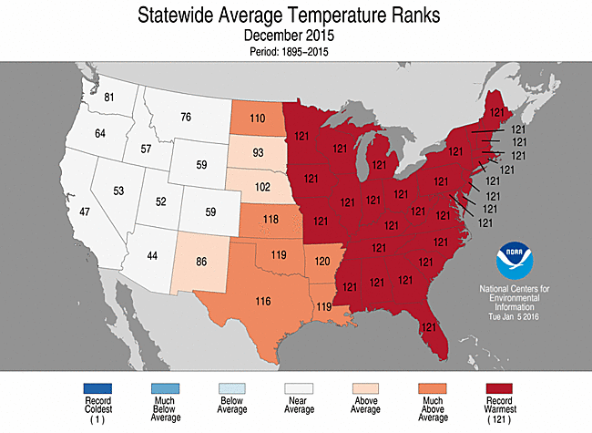 December 2015 Statewide Temperature Ranks Map