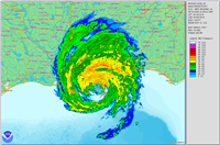 This image shows the full extent of Hurricane Katrina as the storm was making landfall in Louisana. Image is a NEXRAD Level-III Base Reflectivity.