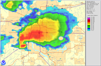 This image shows the May 3rd, 1999 Moore Oklahoma tornado on radar. Radar image is Base Reflectivity and smoothed.