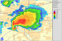 This image shows the May 3rd, 1999 Moore Oklahoma tornado on radar. Plotted is the Tornado Vortex Signature and the image is the base reflectivity and smoothed.